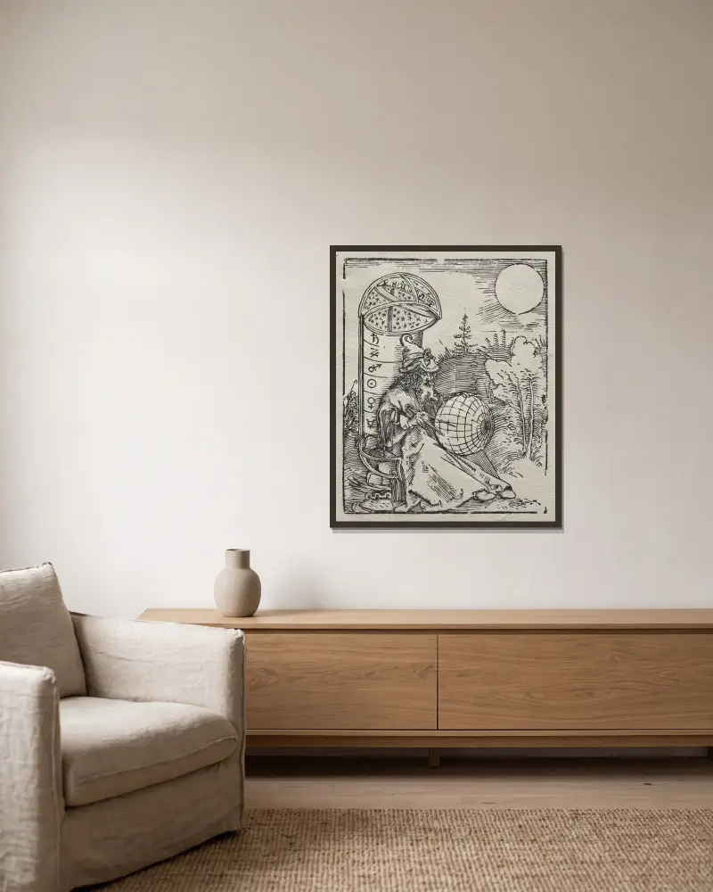 Ptolemaios s nebeským glóbem, Albrecht Dürer v rámu na stěně