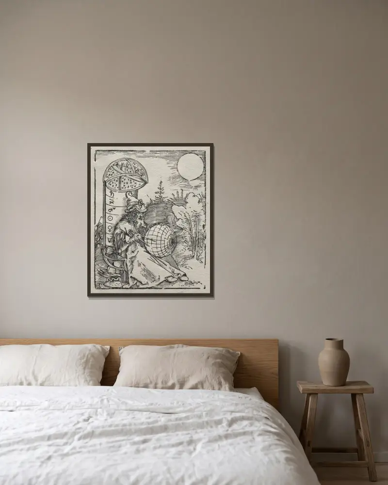 Ptolemaios s nebeským glóbem, Albrecht Dürer v rámu na stěně