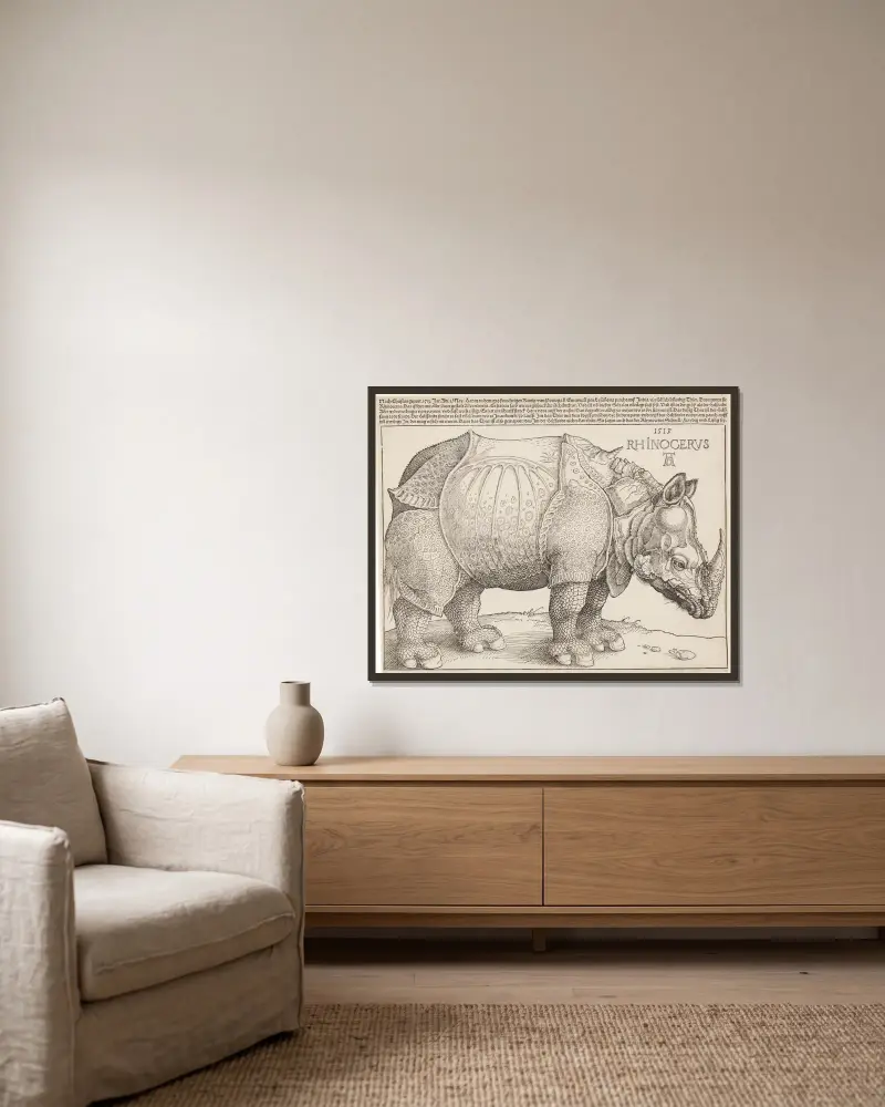 Rhinozeros von Albrecht Dürer gerahmt an einer Wand