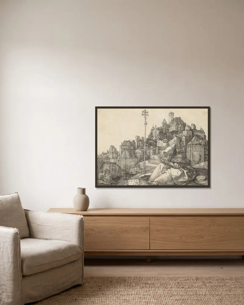 Der heilige Antonius beim Lesen von Albrecht Dürer gerahmt an einer Wand