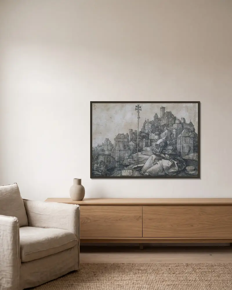 Der heilige Antonius von Albrecht Dürer gerahmt an einer Wand