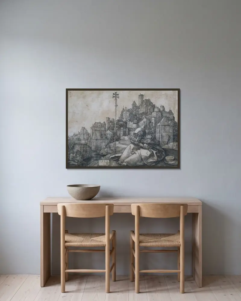 Der heilige Antonius von Albrecht Dürer gerahmt an einer Wand