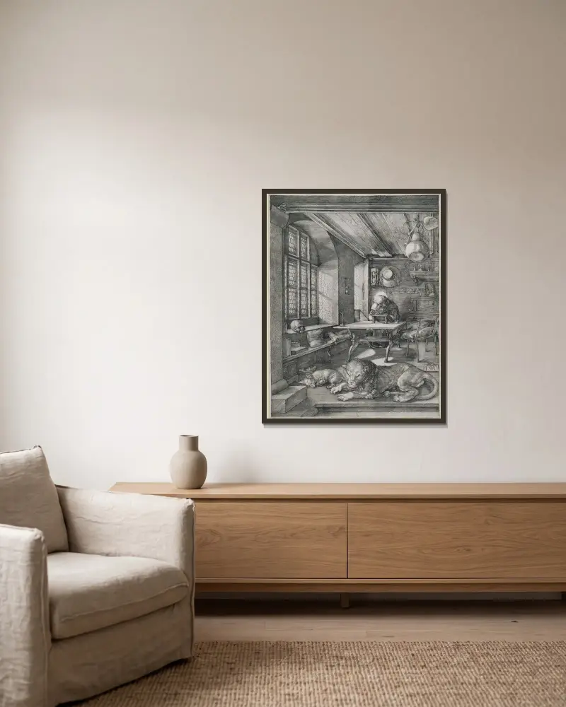 Saint Jerome in his Study av Albrecht Dürer inramad på en vägg