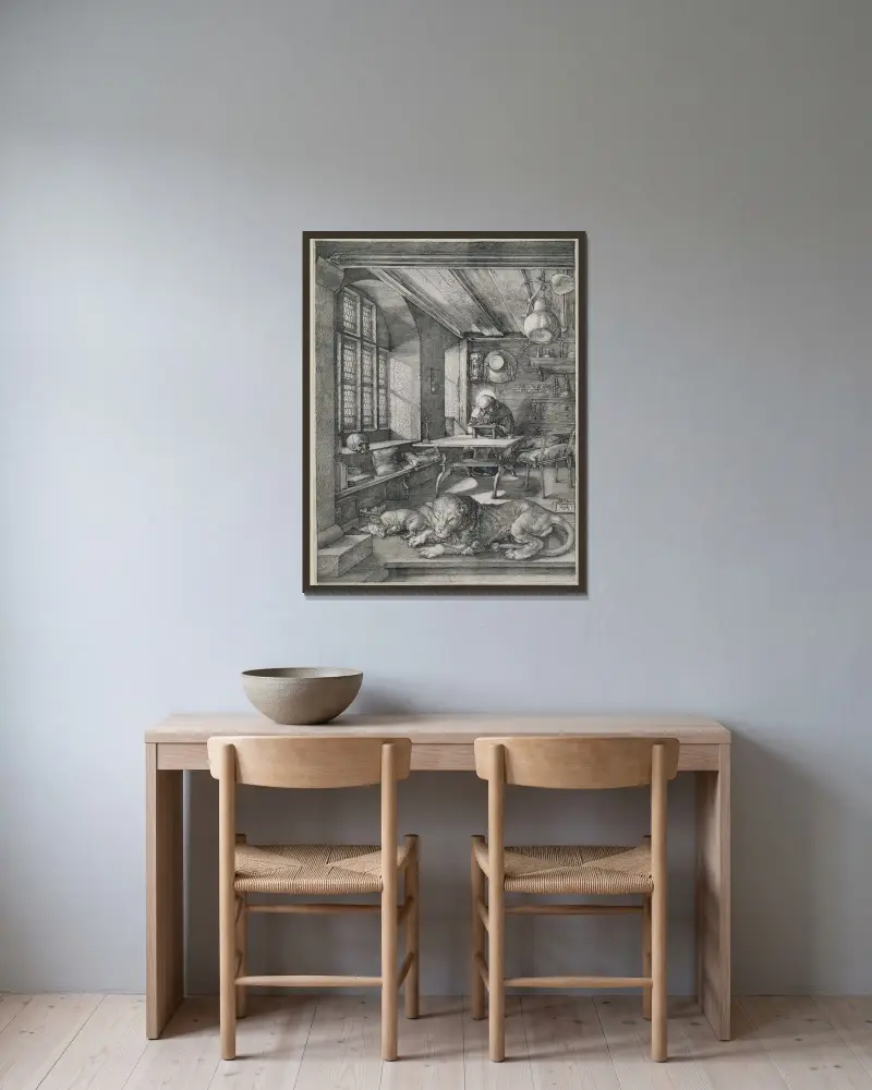 Saint Jerome in his Study av Albrecht Dürer inramad på en vägg