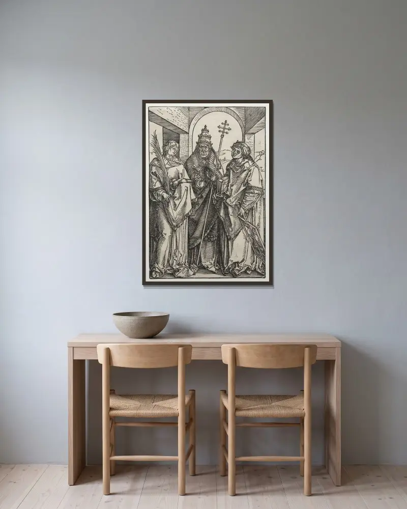 Saints Stephen, Sixtus and Laurence (c. 1504–5) av Albrecht Dürer inramad på en vägg