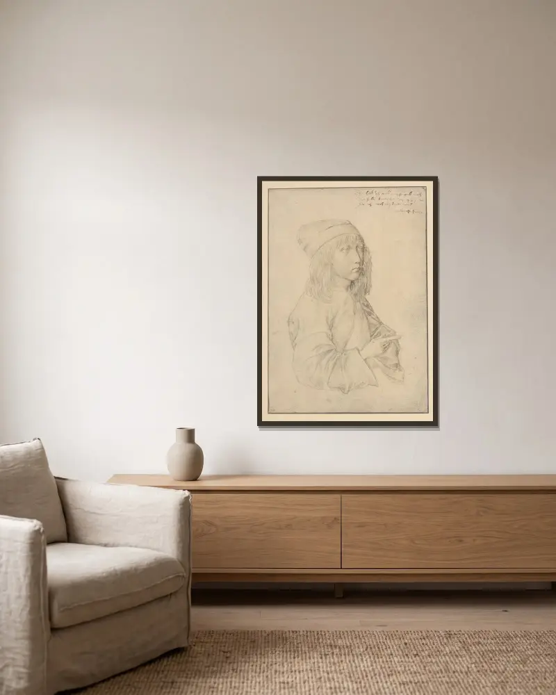 Selbstbildnis mit 13 Jahren von Albrecht Dürer gerahmt an einer Wand