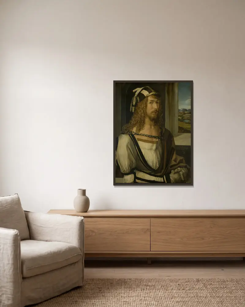 Self-portrait av Albrecht Dürer inramad på en vägg
