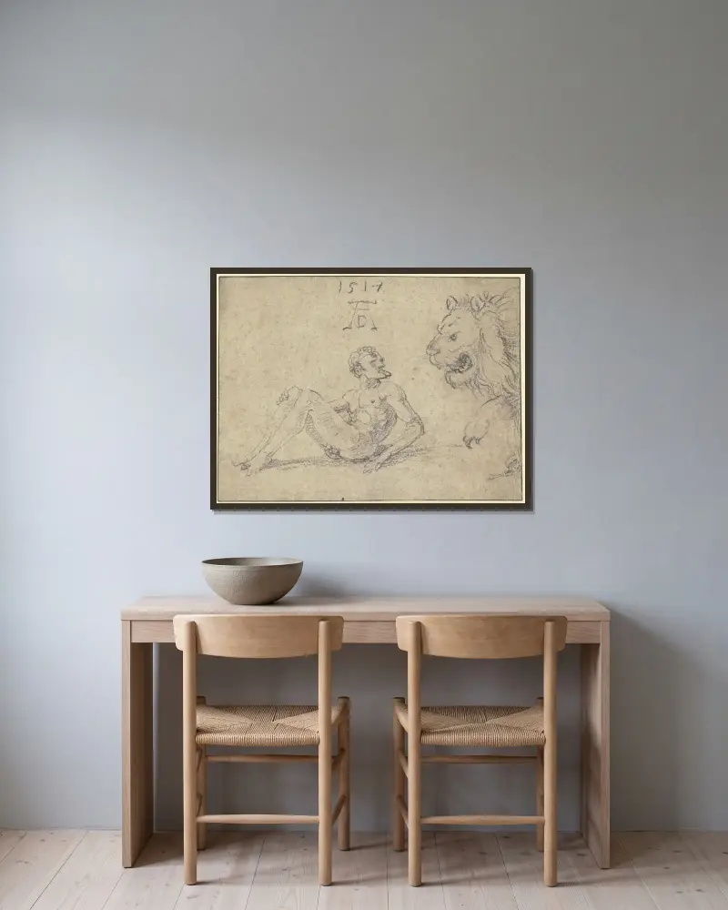 Sitzender nackter Mann mit einem Löwen av Albrecht Dürer inramad på en vägg