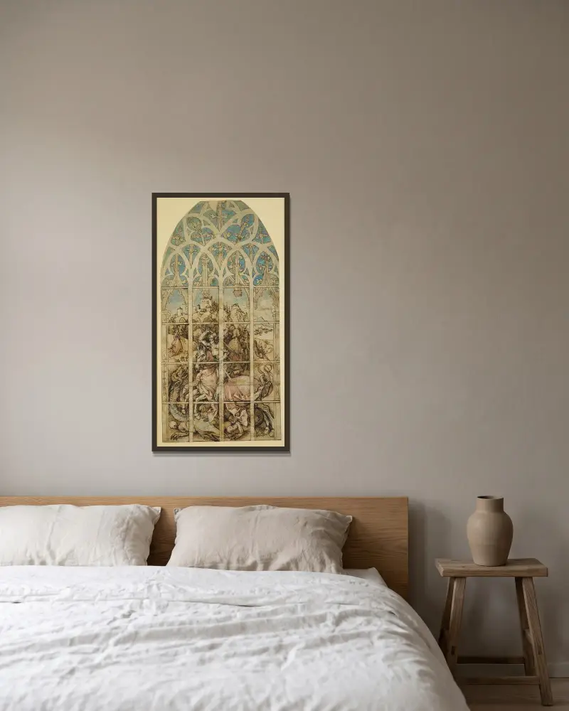 Skiss till glasmålning med Sankt Göran av Albrecht Dürer inramad på en vägg