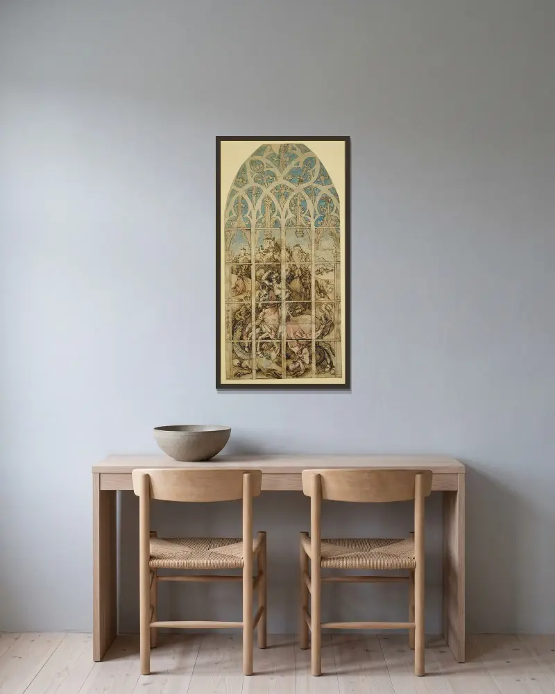 Skiss till glasmålning med Sankt Göran av Albrecht Dürer inramad på en vägg