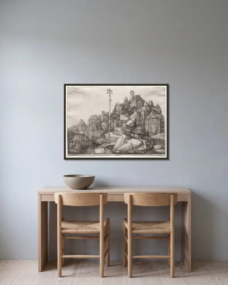 St. Anthony Reading av Albrecht Dürer inramad på en vägg