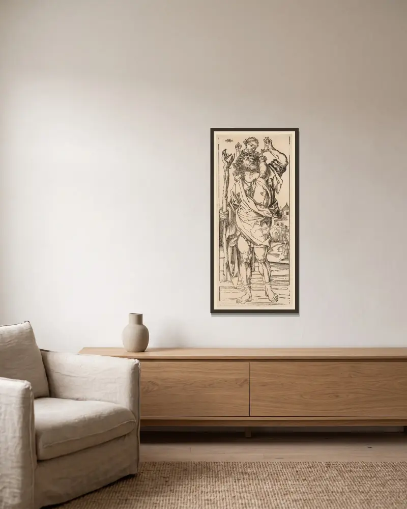 Der heilige Christophorus durchquert den Fluss von Albrecht Dürer gerahmt an einer Wand