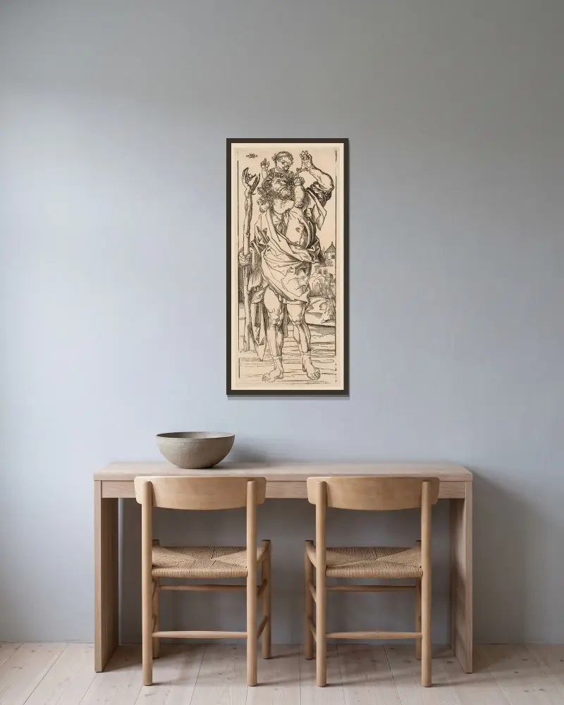 Der heilige Christophorus durchquert den Fluss von Albrecht Dürer gerahmt an einer Wand