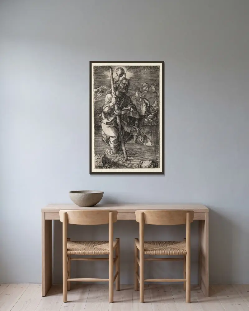 Der heilige Christophorus, nach rechts gewandt von Albrecht Dürer gerahmt an einer Wand