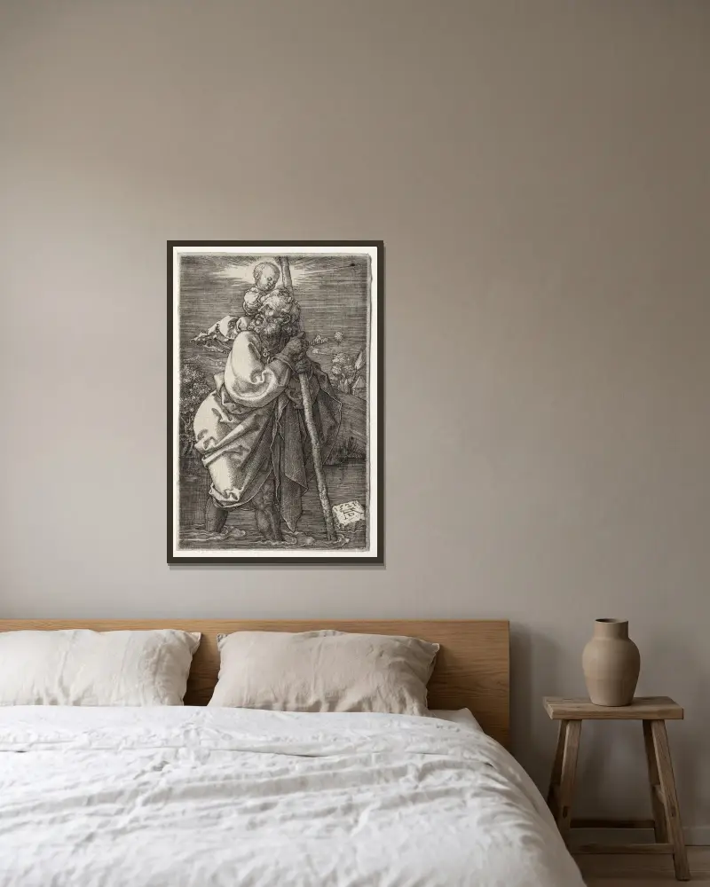 St. Christopher, Facing to the Left av Albrecht Dürer inramad på en vägg