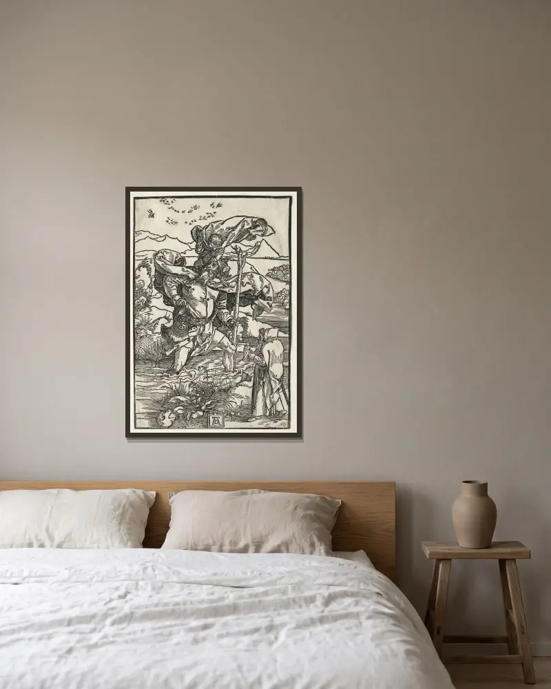 Der heilige Christophorus mit den Vögeln von Albrecht Dürer gerahmt an einer Wand