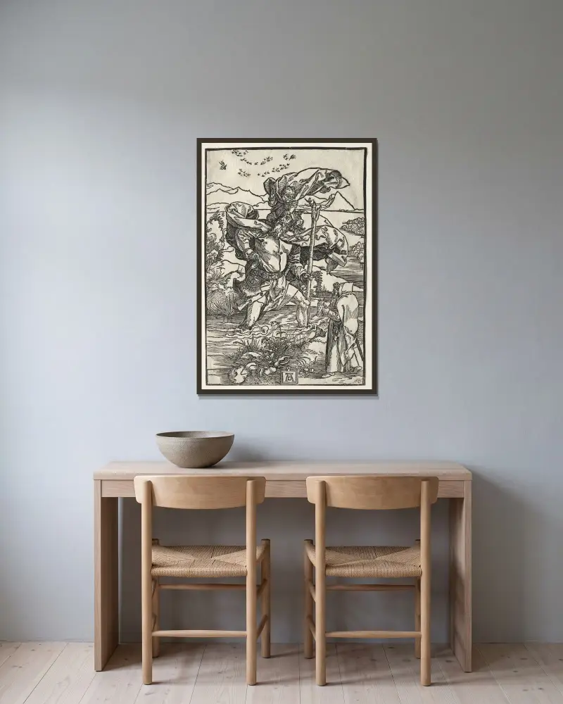 Der heilige Christophorus mit den Vögeln von Albrecht Dürer gerahmt an einer Wand