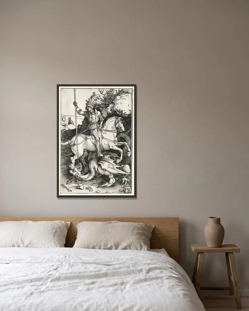 St. George Killing the Dragon av Albrecht Dürer inramad på en vägg
