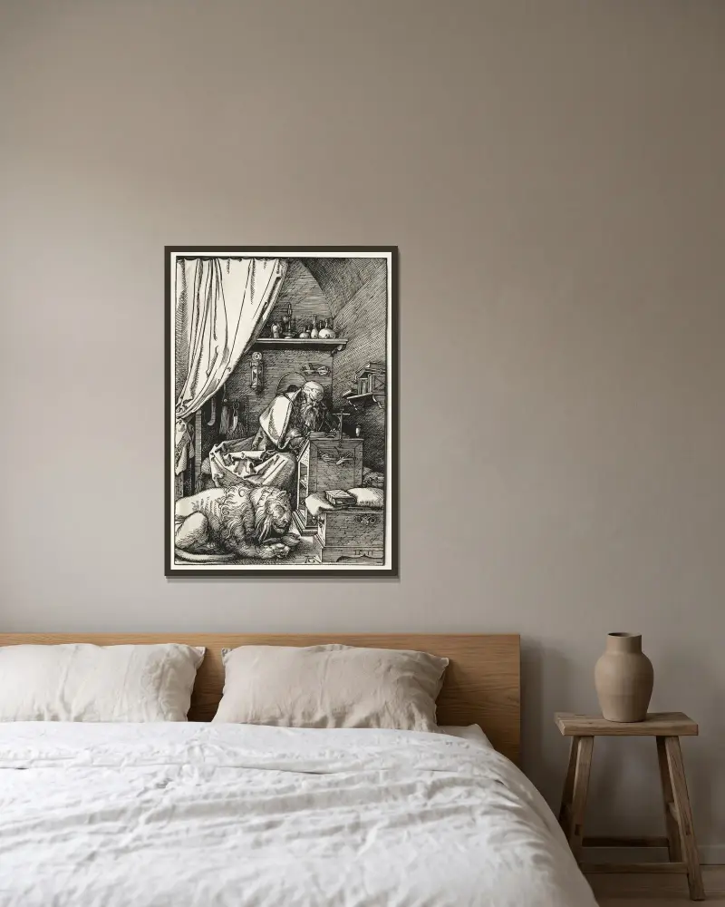St. Jerome in His Cell av Albrecht Dürer inramad på en vägg