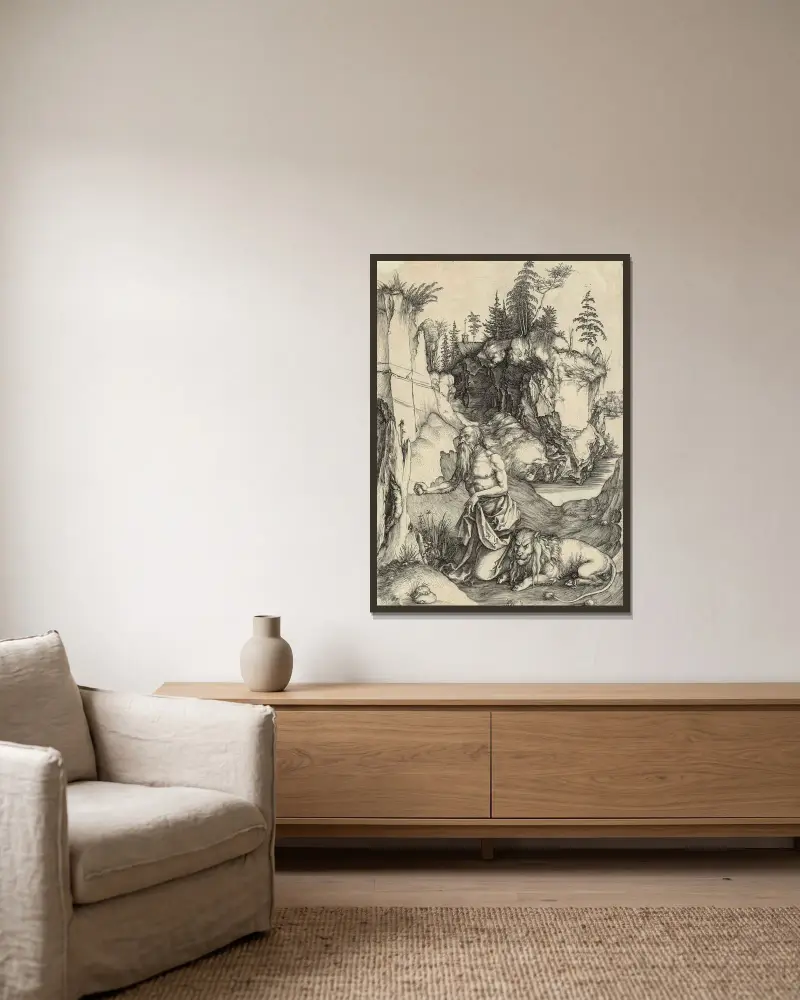 Der heilige Hieronymus in Buße, 1496 von Albrecht Dürer gerahmt an einer Wand