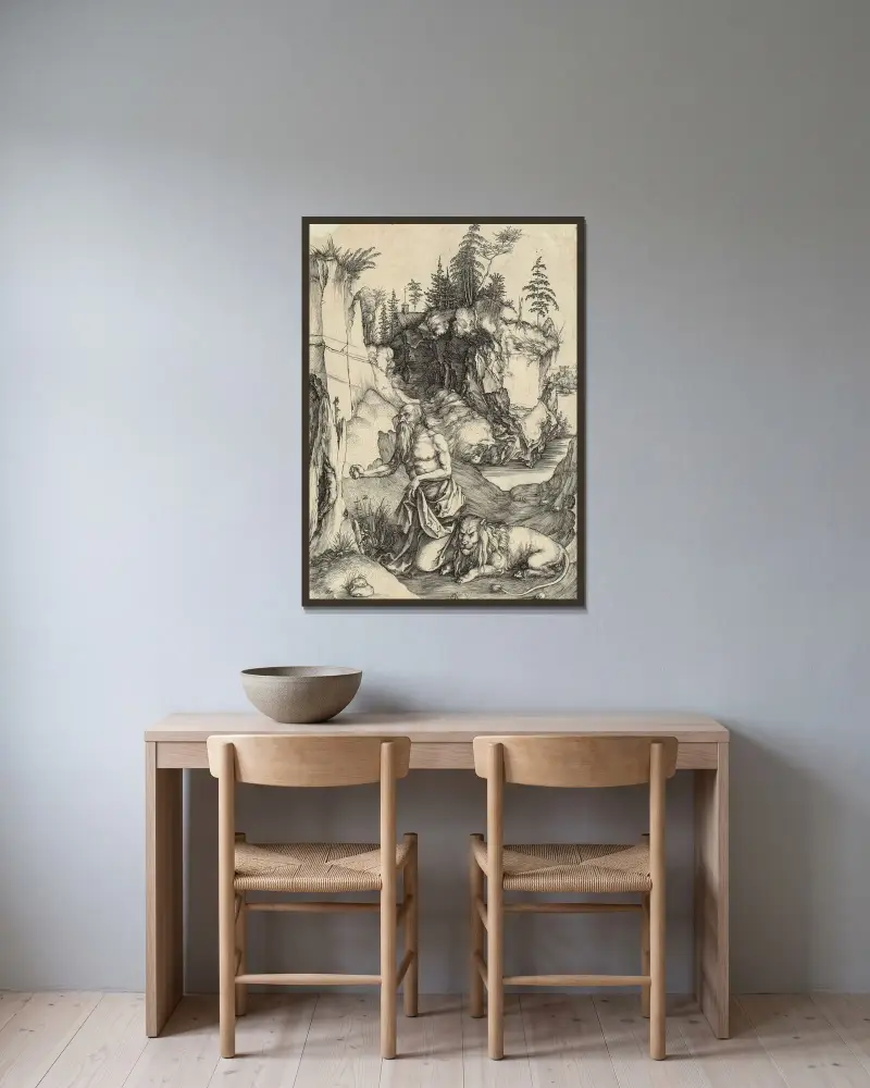 Der heilige Hieronymus in Buße, 1496 von Albrecht Dürer gerahmt an einer Wand