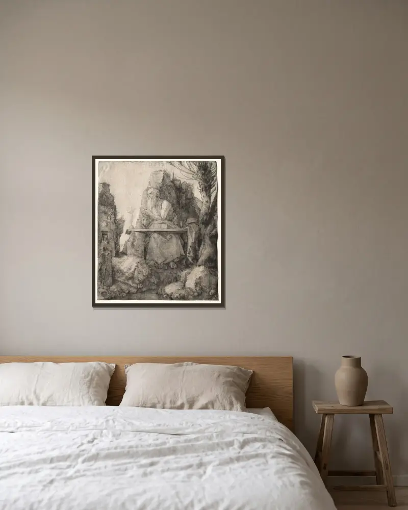 Sankt Hieronymus sittande vid en pil av Albrecht Dürer inramad på en vägg