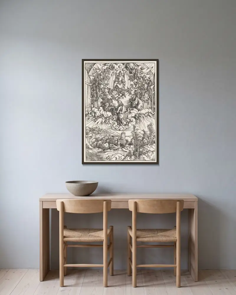 Johannes vor Gott und den Ältesten von Albrecht Dürer gerahmt an einer Wand