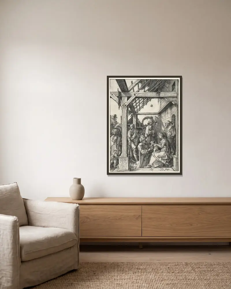 Konungarnas tillbedjan, 1511 av Albrecht Dürer inramad på en vägg