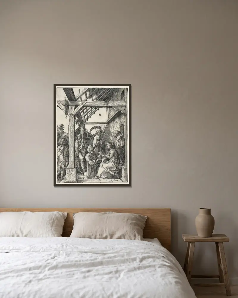 Konungarnas tillbedjan, 1511 av Albrecht Dürer inramad på en vägg