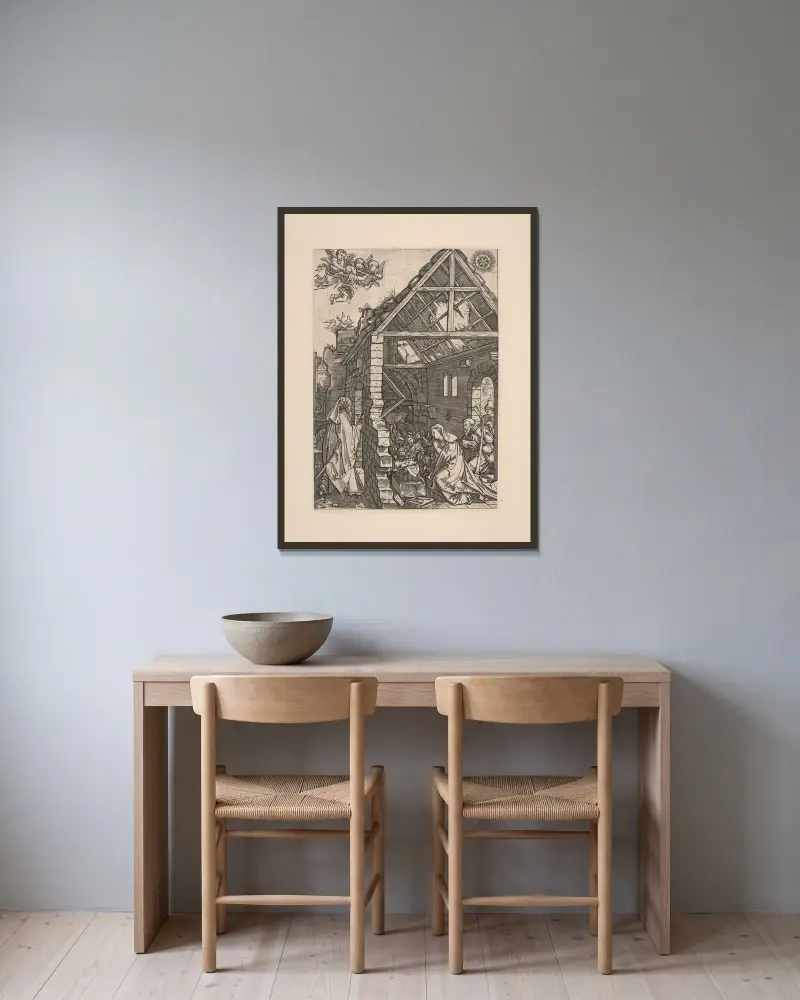 Die Anbetung der Hirten von Albrecht Dürer gerahmt an einer Wand