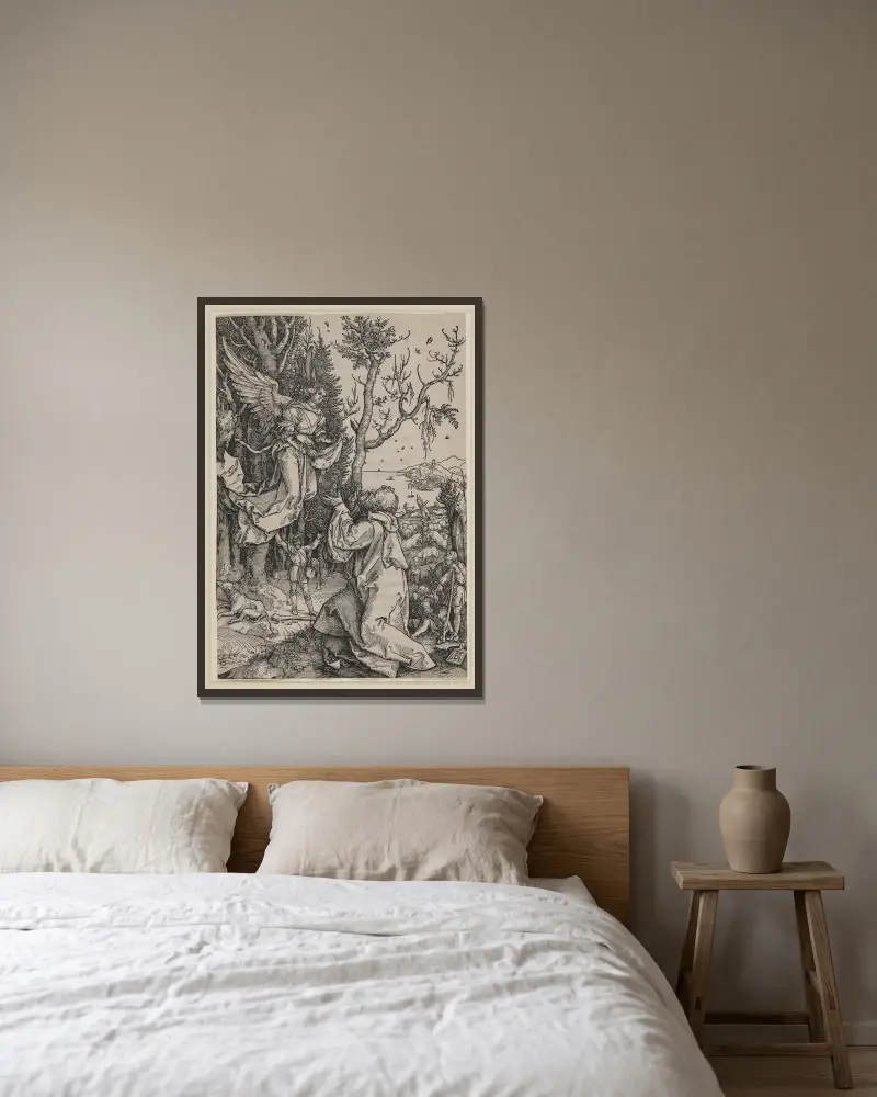 The angel appearing to Joachim – nr 1 av Albrecht Dürer inramad på en vägg