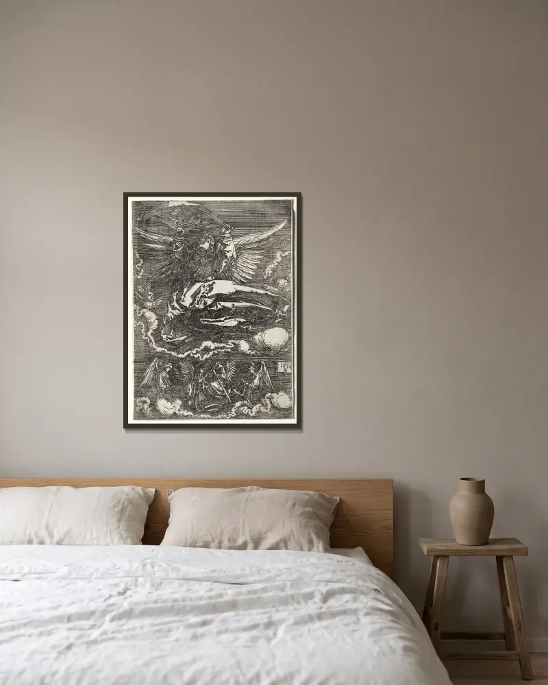 Ängeln med svetteduken av Albrecht Dürer inramad på en vägg