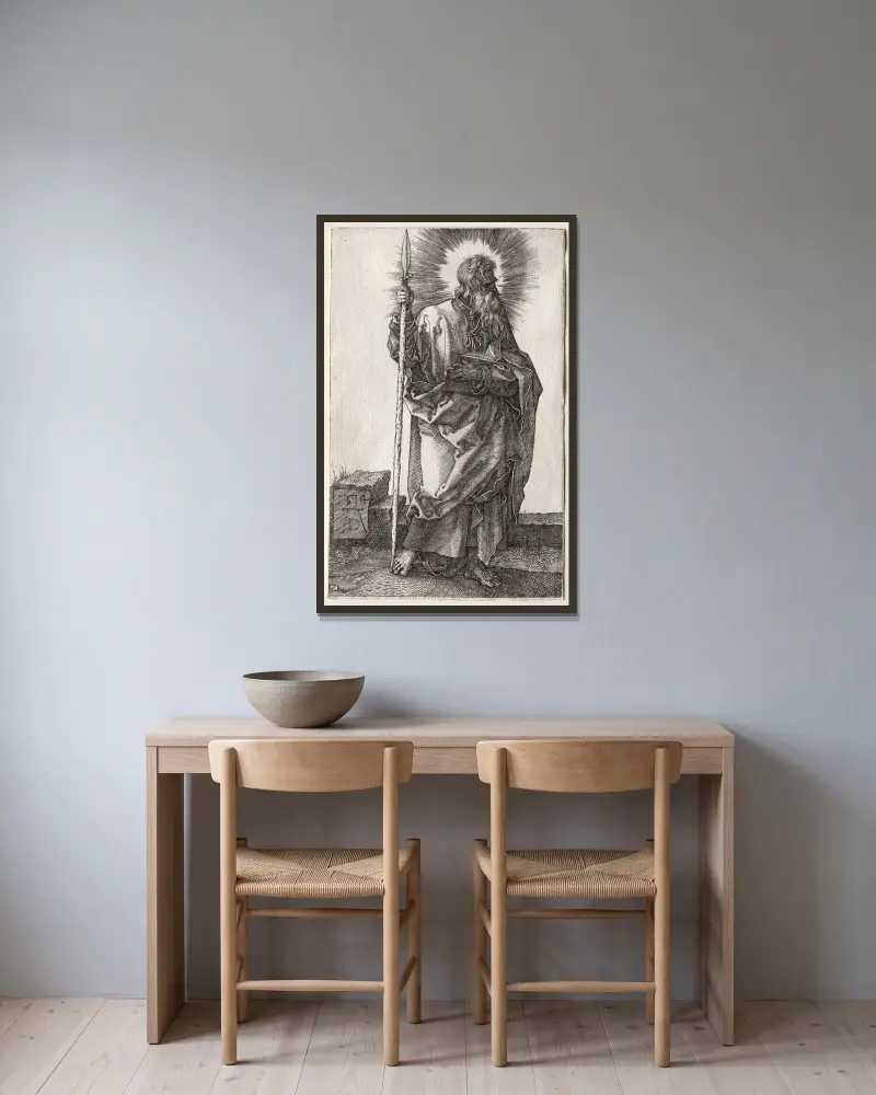 Der Apostel Thomas von Albrecht Dürer gerahmt an einer Wand