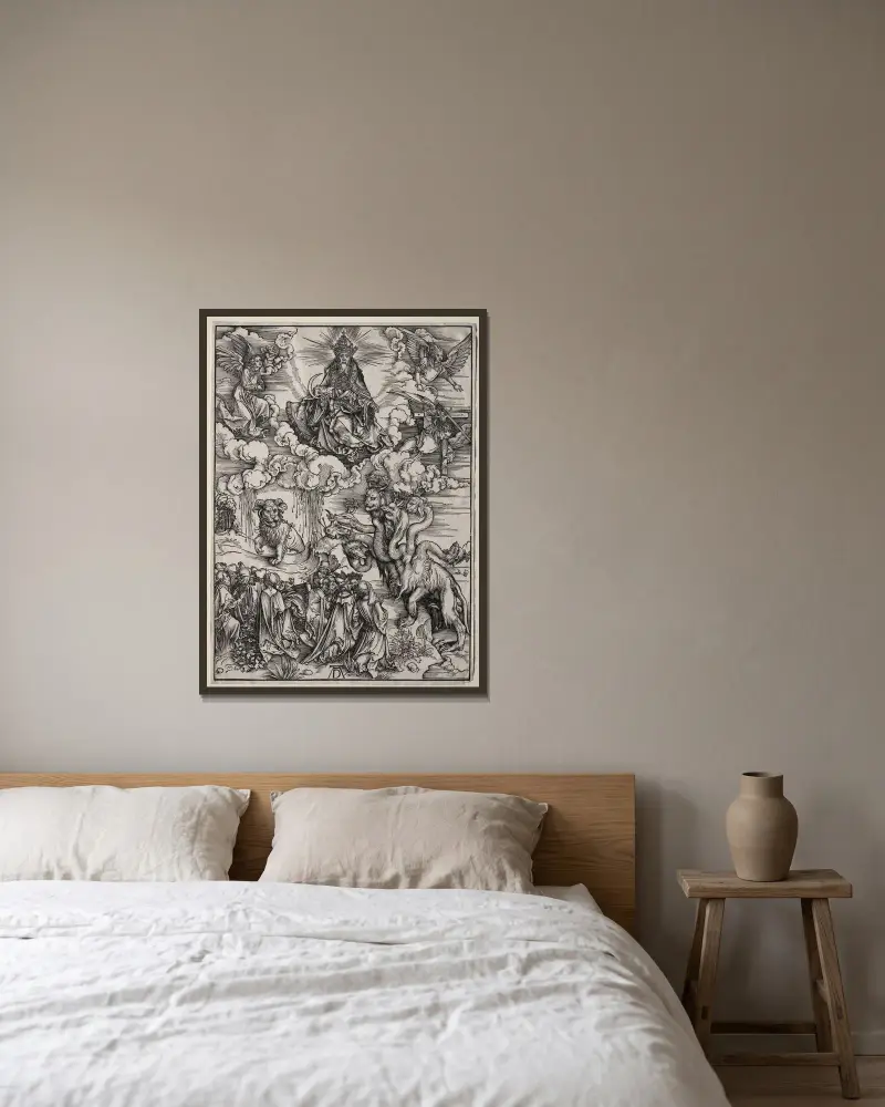 Vilddjuret med sju huvuden och vilddjuret med lammets horn av Albrecht Dürer inramad på en vägg