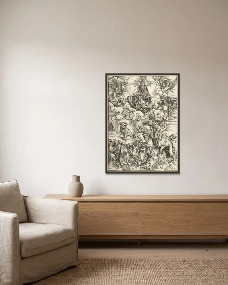 Odjuret med två horn som ett lamm, ur Apokalypsen av Albrecht Dürer inramad på en vägg