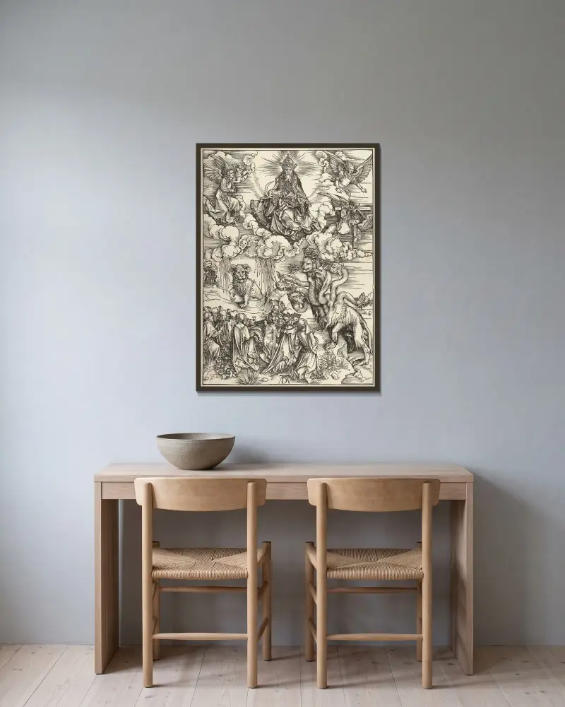 Odjuret med två horn som ett lamm, ur Apokalypsen av Albrecht Dürer inramad på en vägg