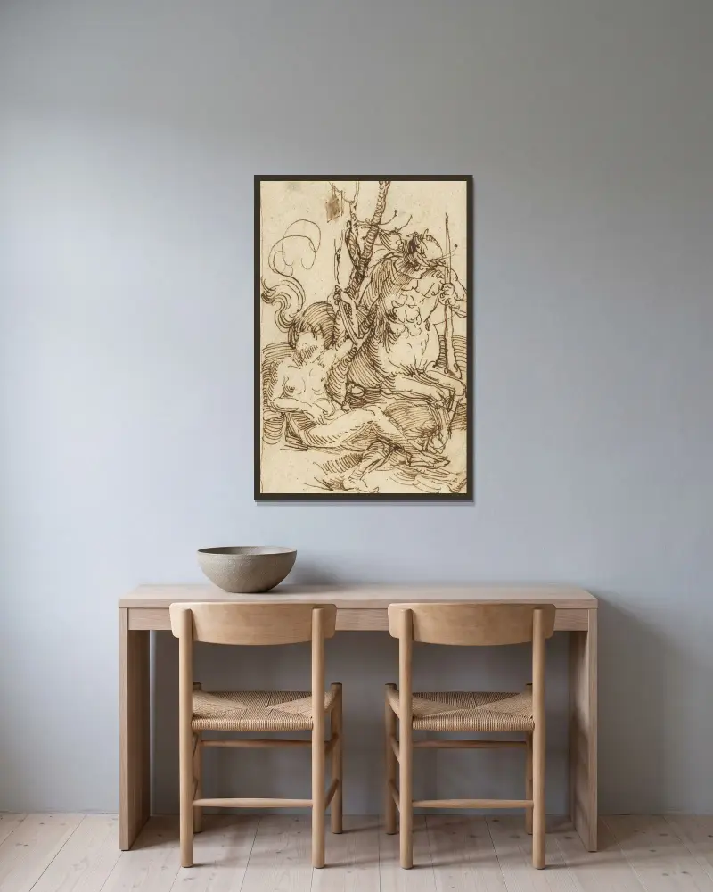 Die Kentaurfamilie von Albrecht Dürer gerahmt an einer Wand