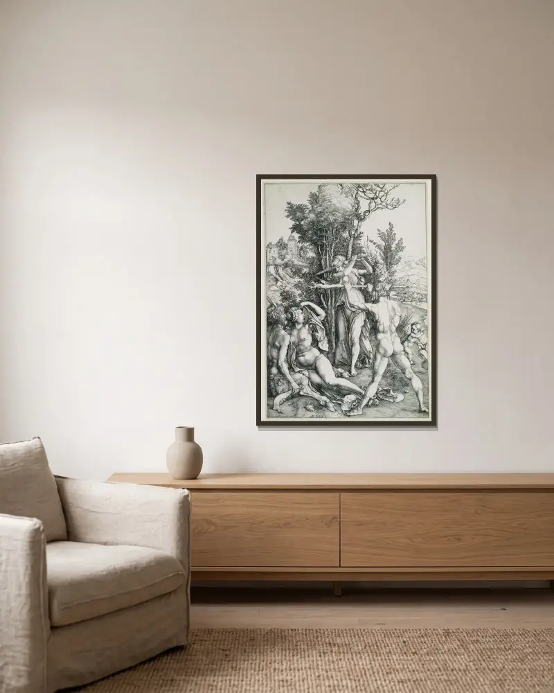 Dygdens och njutningens kamp inför Herkules av Albrecht Dürer inramad på en vägg