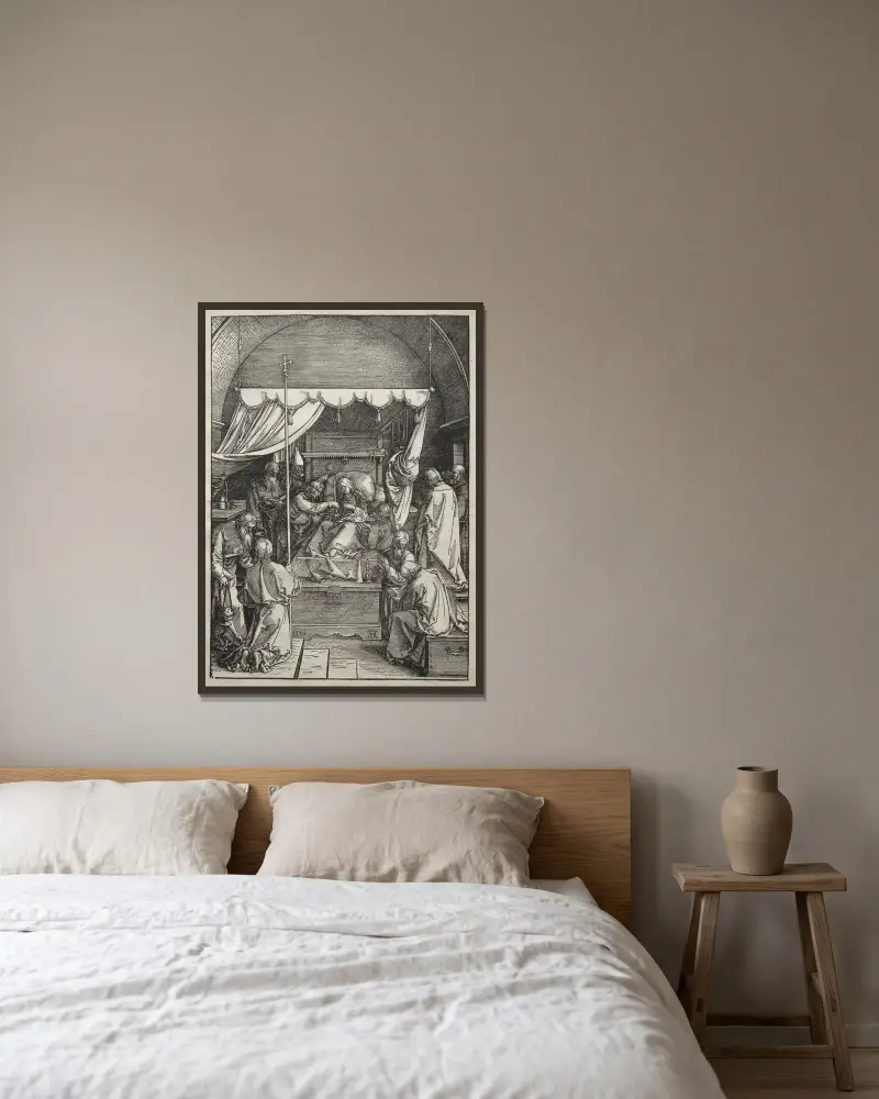 Der Tod der Maria von Albrecht Dürer gerahmt an einer Wand