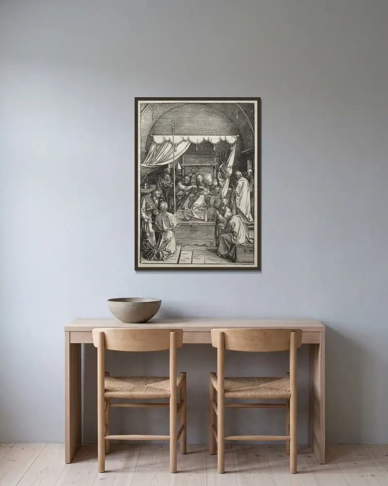 Der Tod der Maria von Albrecht Dürer gerahmt an einer Wand