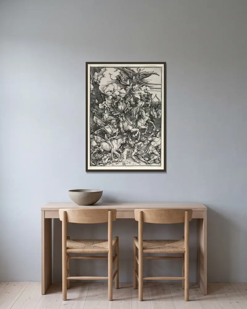 De fyra ryttarna, ur Apokalypsen av Albrecht Dürer inramad på en vägg