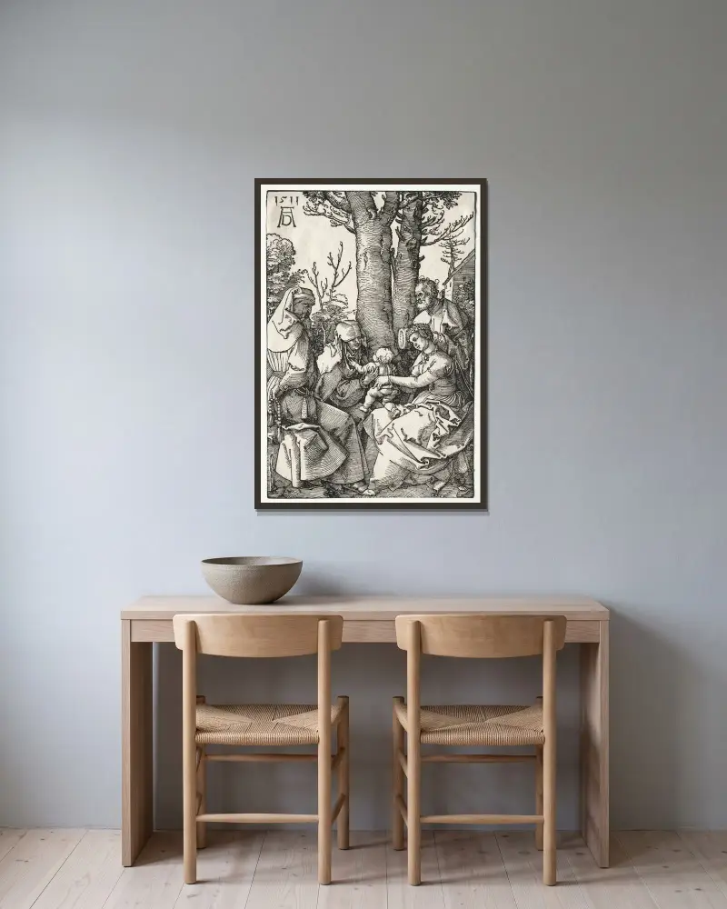 Die heilige Familie mit Joachim und Anna von Albrecht Dürer gerahmt an einer Wand