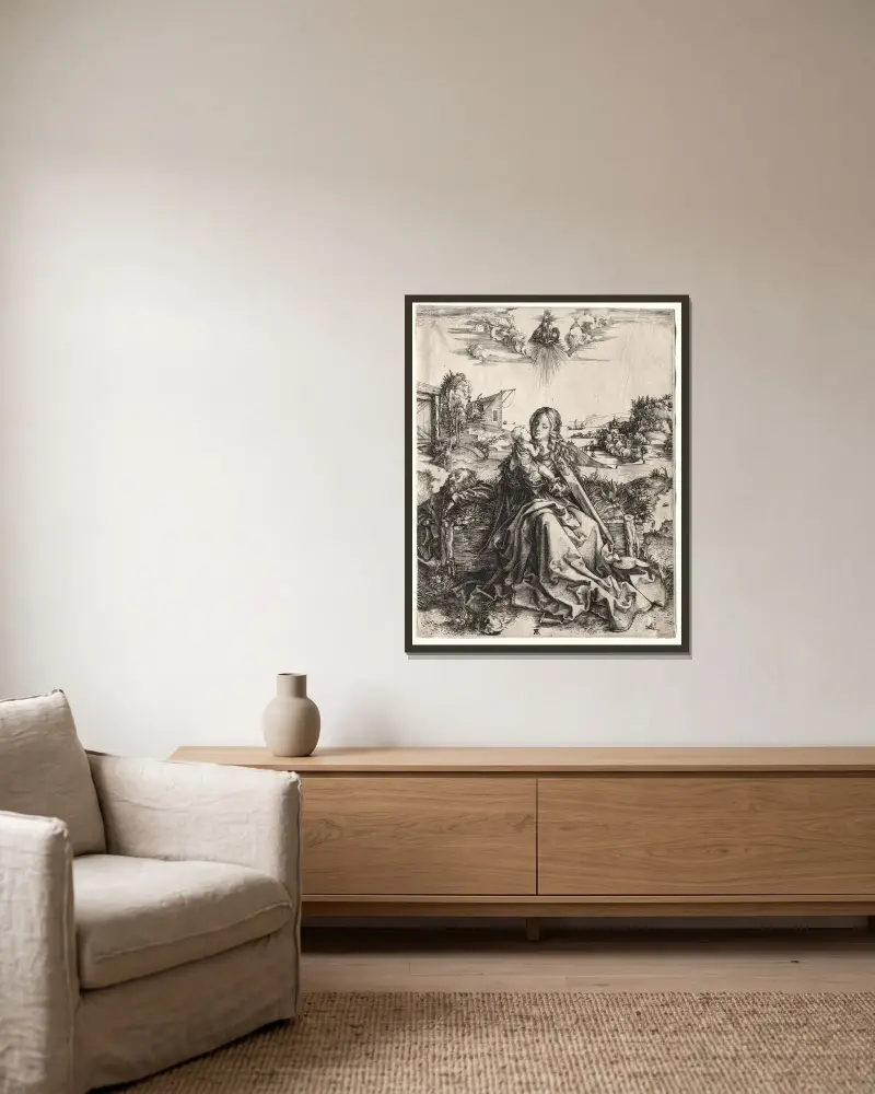 Den heliga familjen med fjärilen av Albrecht Dürer inramad på en vägg