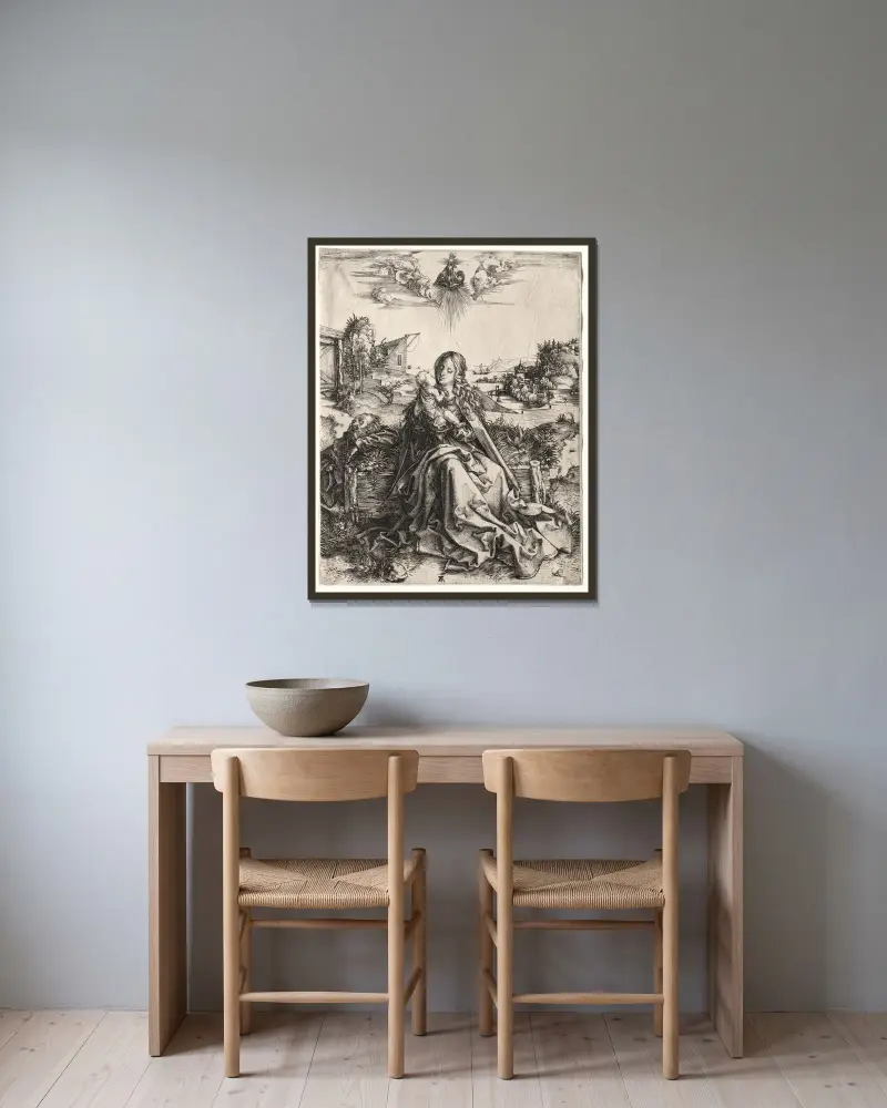 Den heliga familjen med fjärilen av Albrecht Dürer inramad på en vägg