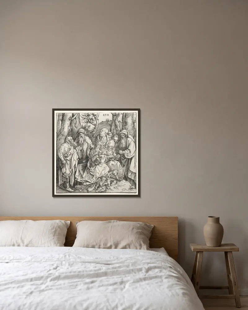 Die Heilige Familie mit zwei musizierenden Engeln von Albrecht Dürer gerahmt an einer Wand