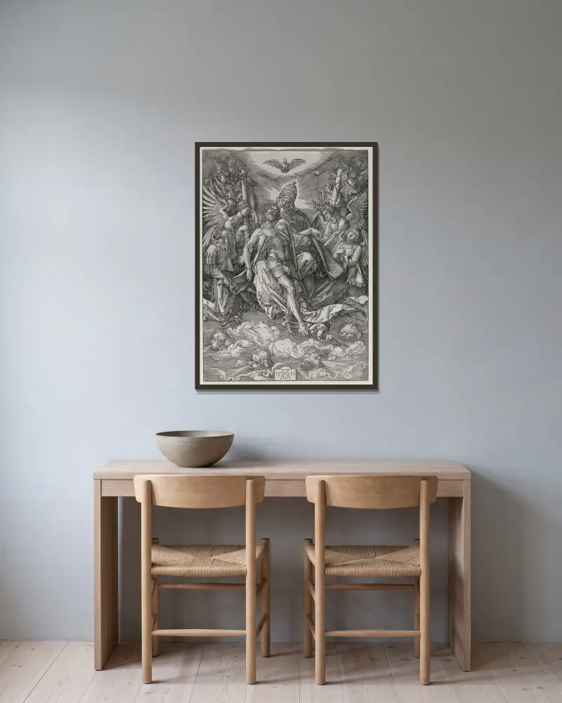 The Holy Trinity av Albrecht Dürer inramad på en vägg