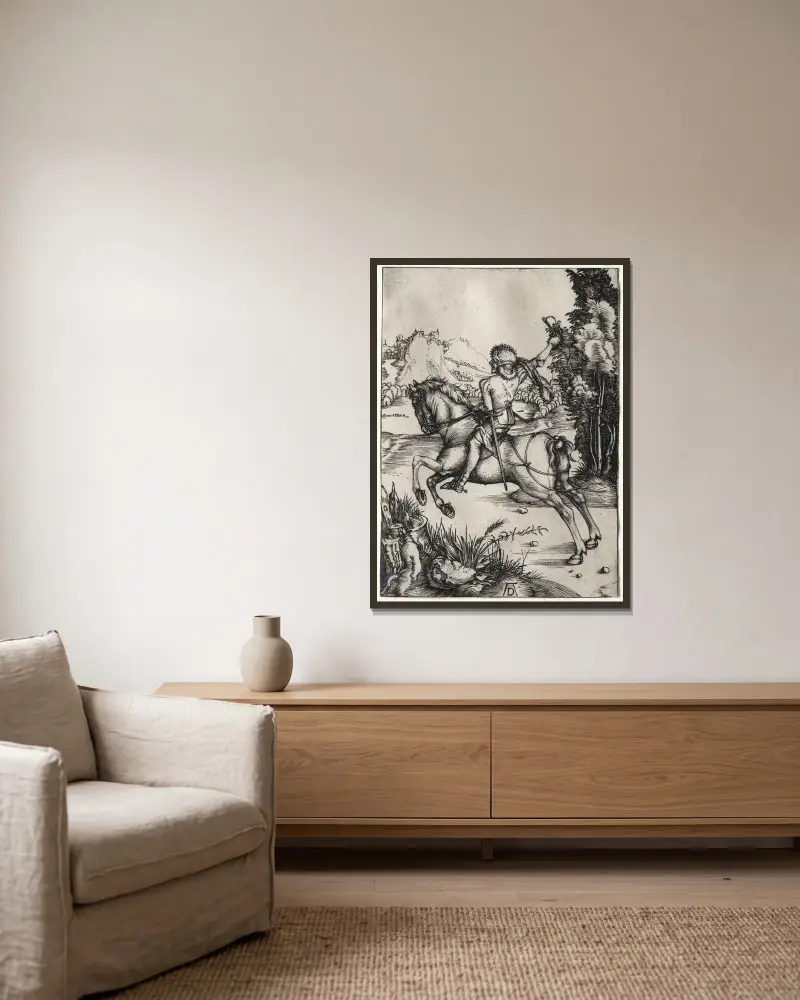 The Little Courier av Albrecht Dürer inramad på en vägg