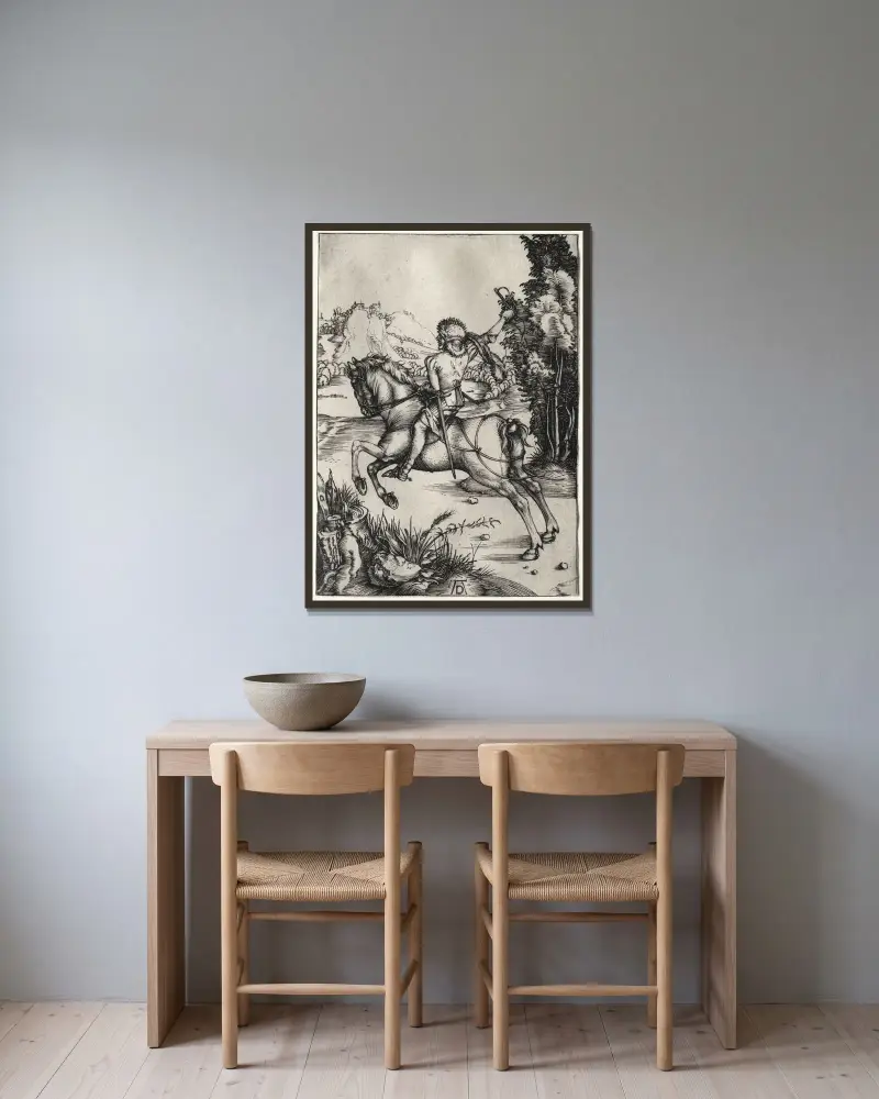 The Little Courier av Albrecht Dürer inramad på en vägg