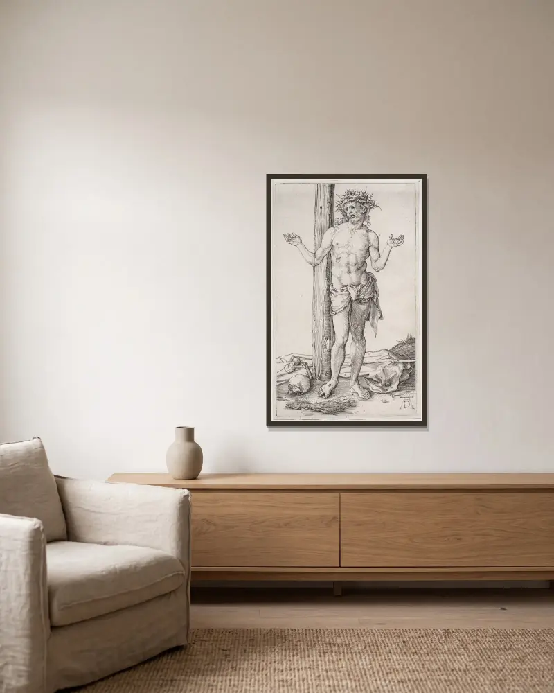 Mąż Boleści stojący z uniesionymi rękami, Albrecht Dürer w ramie na ścianie