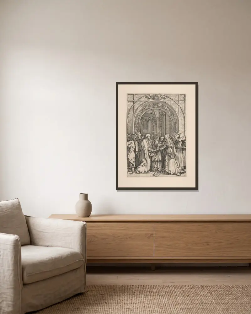 The Marriage of the Virgin av Albrecht Dürer inramad på en vägg